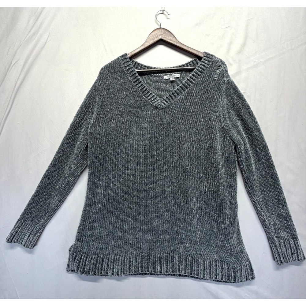 Orvis Chenille Sweater Women 2XL Gray Tight Knit Ribbed V Neck Side Slits Winter